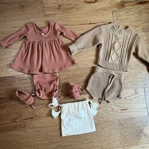Girl’s Quincy Mae set w/ booties & Meebie Baby set. 3 Mos. Excellent condition